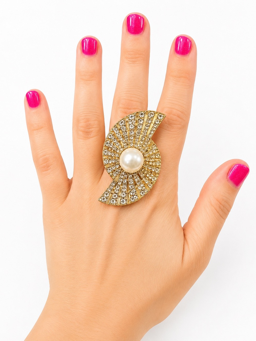 Brand New Gold Tone Rhinestone Pearl Statement Adjustable Cocktail Ring Art Deco